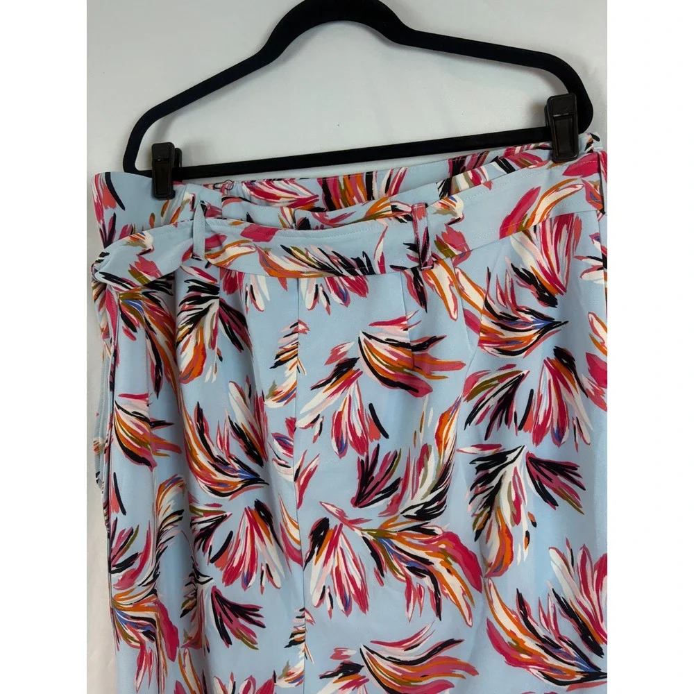 Floral Print Pencil Skirt Light Blue Pink High Waist Tie Belt Mid-Length Size 22